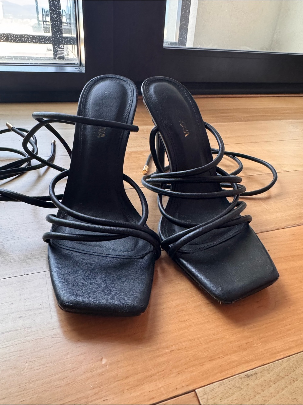 Fashion Nova Black Strappy Square-Toe Lace-Up Heels
